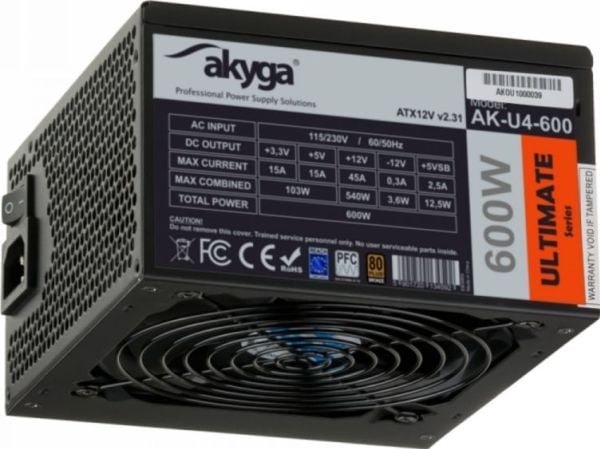 Akyga Ultimate Series AK-U4-600 - Strømforsyning (intern) - ATX12V 2.31 - 80 PLUS Bronze - AC 230 V - 600 Watt - aktiv PFC - sort