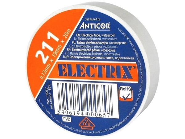 Anticor Electrical insulating PVC tape, white 19mm 20m