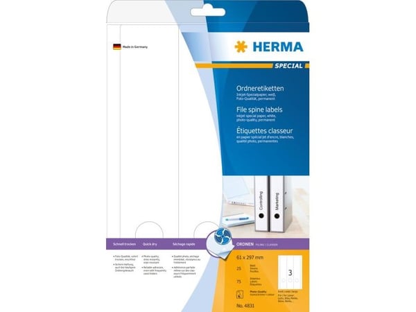 HERMA Special - Papir - matt - permanent selv-adhesiv - belagt - hvit - 61 x 297 mm - 90 g/m² - 75 etikett(er) (25 ark x 3) filmappeetiketter