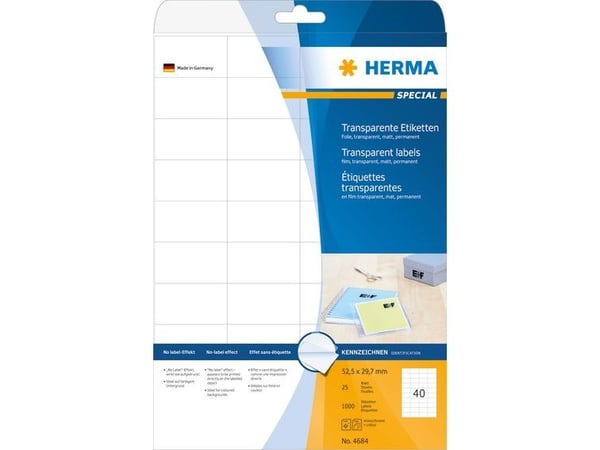 HERMA 4684, Läpinäkyvä, Itse kiinnittyvä tulostintarra, A4, Laser, Kiinteä, Matta