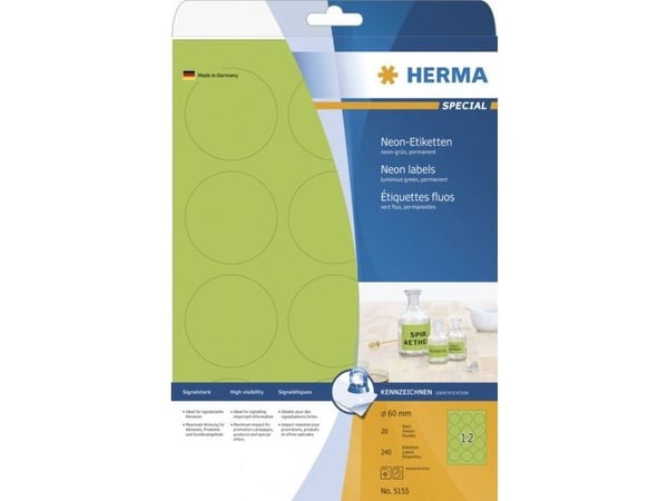 HERMA Special - Papir - matt - permanent selv-adhesiv - lysende grønn - 60 mm rund 240 etikett(er) (20 ark x 12 fluorescerende etiketter