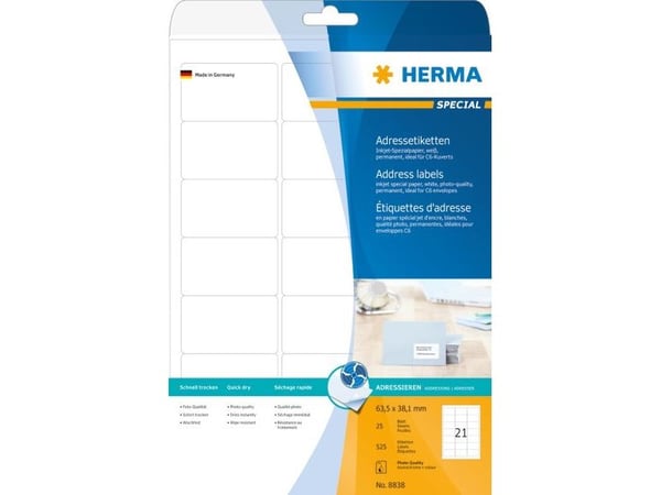 HERMA Special - Papir - matt - permanent selv-adhesiv - belagt - hvit - 63.5 x 38.1 mm - 90 g/m² - 525 etikett(er) (25 ark x 21) adresselapper