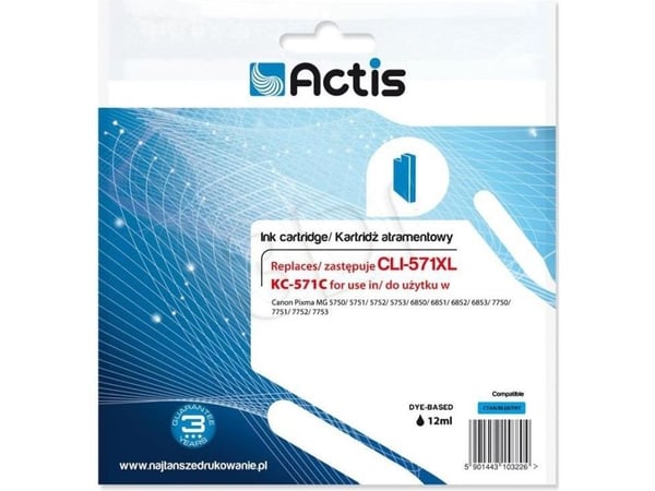 Actis KC-571C, Standard utskriftsproduksjon, Cyan, Fargestoffbasert blekk, 12 ml, 1 stykker, Enkeltpakke