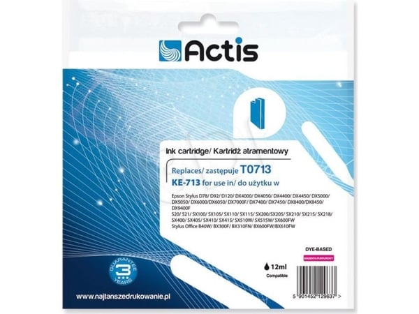 Actis KE-713, Standard utskriftsproduksjon, Fiolblå, Fargestoffbasert blekk, 13,5 ml, 1 stykker, Enkeltpakke