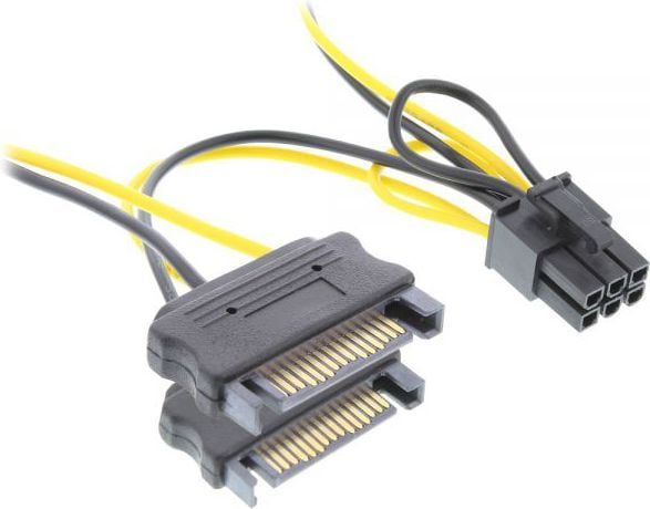 InLine 0.15m 2xSATA/6P PCIe, 0.15 m, PCI-E (6-nastainen), 2 x SATA 15-nastainen, urosliitin, naarasliitin, suora