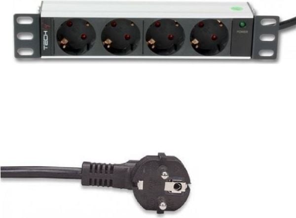 Techly 100464 Power strip PDU rack 10" 1U, 4x Schuko, 250V/16A, kaapeli 1.8m