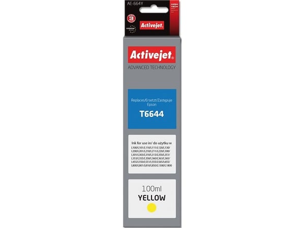 Activejet AE-664Y, Høyt (XL) utbytte, Fargestoffbasert blekk, 100 ml, 1 stykker, Enkeltpakke