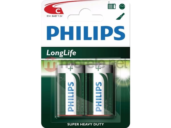 Philips LongLife Batteri R14L2B/10, Engangsbatteri, Sink-Karbon, 1,5 V, Grønn, Hvit, 26,2 mm, 26,2 mm