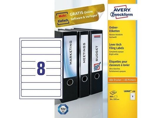 Avery L6060-100, Hvit, Selvklebende skriveretikett, A4, Papir, Laser/Blekkskriver, Permanent