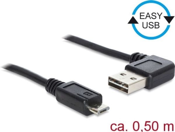 Delock Easy - USB-kabel - USB (hann) venstre/høyre-vinklet, reversibel til Micro-USB type B (hann) rett - USB 2.0 - 50 cm - svart