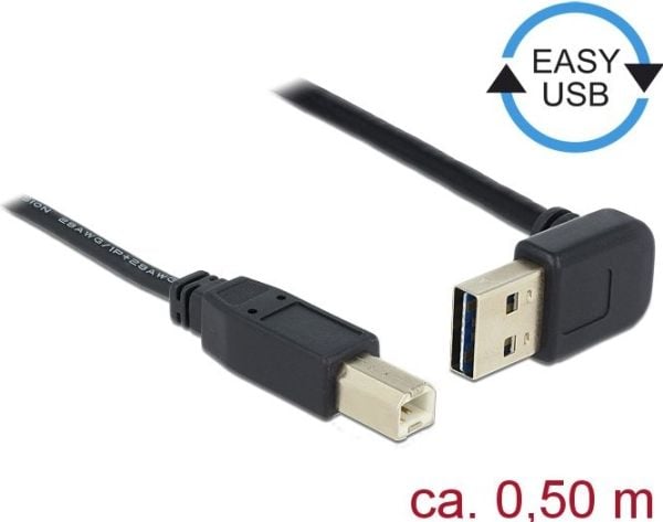 Delock Easy - USB-kabel - USB (hann) 90°-vinklet, reversibel til USB-type B (hann) rett - USB 2.0 - 50 cm - svart