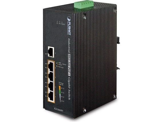 PLANET IGS-504HPT - Switch - 4 x 10/100/1000 (PoE+) + 1 x 10/100/1000 - DIN-skinnemonterbar - PoE+ (120 W) - DC-strøm