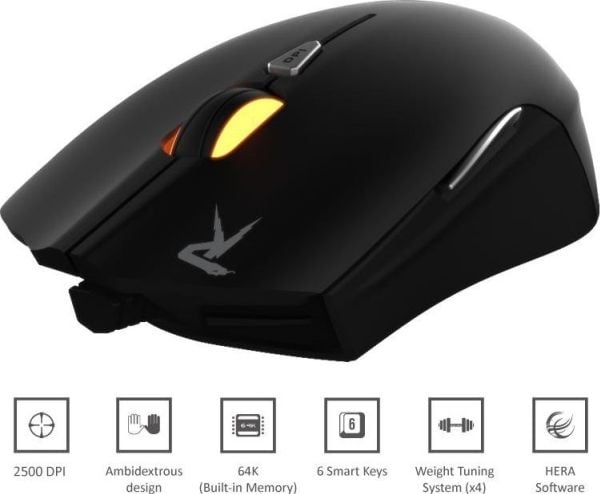 GAMDIAS OUREA, Oikeakätinen, Optinen, USB A-tyyppi, 2500 DPI, Musta