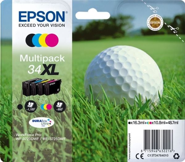 Epson 34XL - 4-pack - XL - svart, gul, cyan, magenta - original - blære med RF/lyd-alarm - blekkpatron - for WorkForce Pro WF-3720DWF, WF-3725DWF