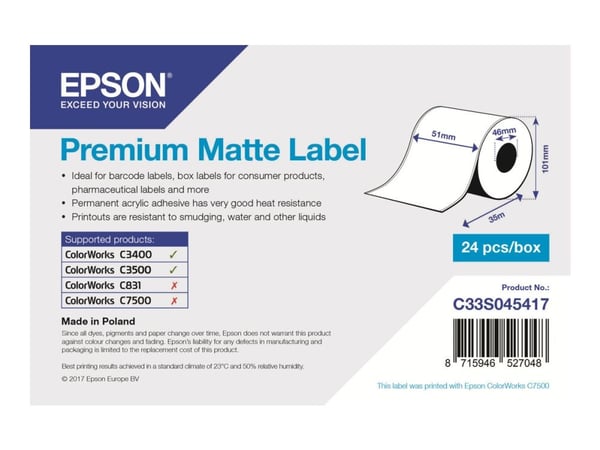 Epson Premium Matte Label Continuous -rulla, 51 mm x 35 m, Matta, 163 g/m², 1 kpl, 118 mm, 108 mm, 59 mm