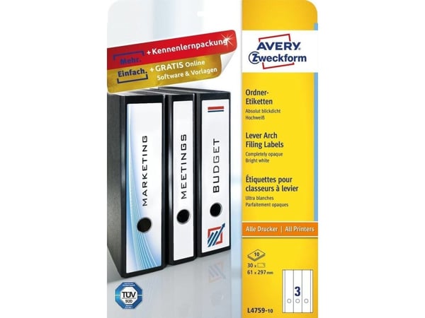 Avery L4759-10, Hvit, Papir, 61 x 297 mm, 30 stykker, 10 ark, 210 x 297 mm