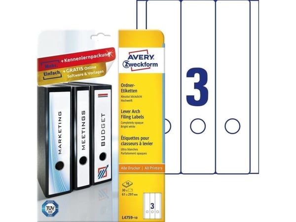 Avery L4759-10, Hvit, Papir, 61 x 297 mm, 30 stykker, 10 ark, 210 x 297 mm