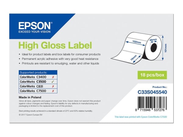 Epson - Korkeakiiltoinen - 102 x 76 mm 415 tarraa (1 rulla (1 rulla) x 415) leikattu etiketti - ColorWorks CW-C4000E (BK), CW-C4000E (MK); TM C3500...