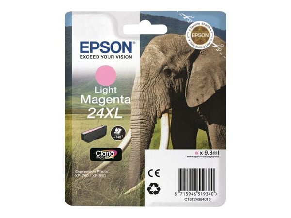 Epson Elephant Yksittäispakkaus, vaalea magenta 24XL Claria Photo HD -muste, Korkea (XL) värintuotto, Väriainepohjainen muste, 9,8 ml, 740 sivua, 1...