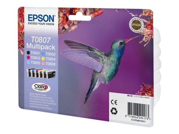 Epson T0807 Multipack - 6-pack - 44.4 ml - svart, gul, cyan, magenta, lys magenta, lys cyan - original - blister - blekkpatron - for Stylus Photo P...