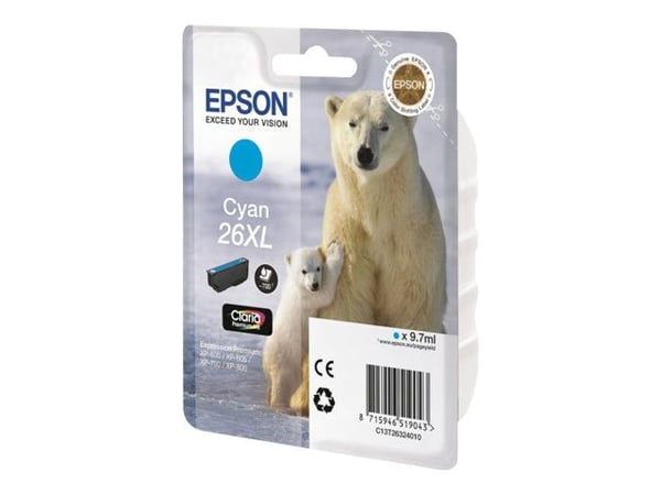Epson Polar bear Singlepack Cyan 26XL Claria Premium Ink, Korkea (XL) värintuotto, Syaani, 1 kpl