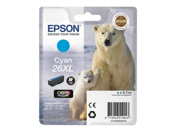 Epson Polar bear Singlepack Cyan 26XL Claria Premium Ink, Korkea (XL) värintuotto, Syaani, 1 kpl