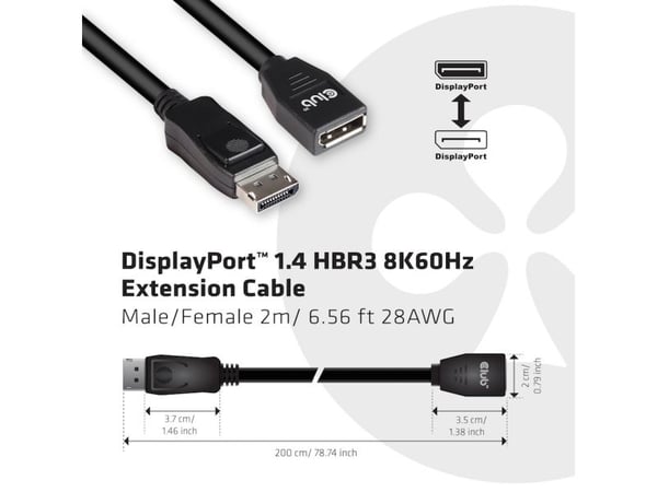 Club 3D - DisplayPort-forlengelseskabel - DisplayPort (hann) til DisplayPort (hunn) - DisplayPort 1.4 - 2 m - 8K-støtte