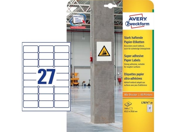 Avery L7874-20, Hvit, Avrundet rektangel, Permanent, Papir, 27 stykker, 20 ark