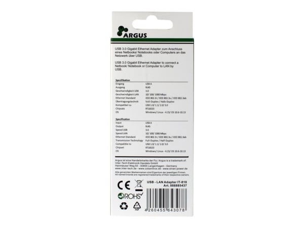 Argus IT-810 - Nettverksadapter - USB 3.0 - Gigabit Ethernet - svart