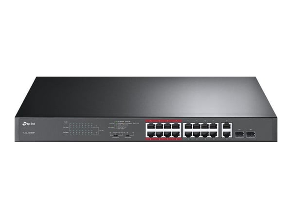 TP-Link TL-SL1218MP - Switch - ikke-styrt - 16 x 10/100 (PoE+) + 2 x 10/100/1000 + 2 x kombo-Gigabit SFP - rackmonterbar (192 W)