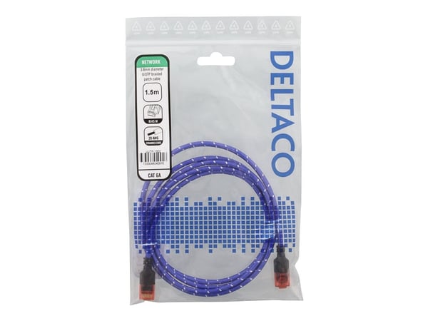 DELTACO - Liitäntäkaapeli - RJ-45 (uros) - RJ-45 (uros) - 1,5 m - UTP - CAT 6a - muotoiltu, solmuton, säikeistetty - valkoinen, sininen