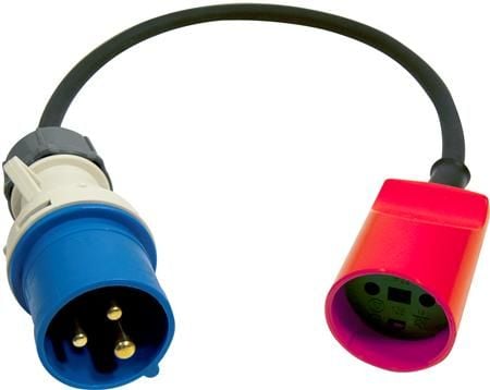 Siirtymäkaapeli 0,33 metriä H07RN-F 3G1,5. 16A 230V 2-napainen maadoituksella, CEE-pistorasiasta sininen DK-jatkojohtoon