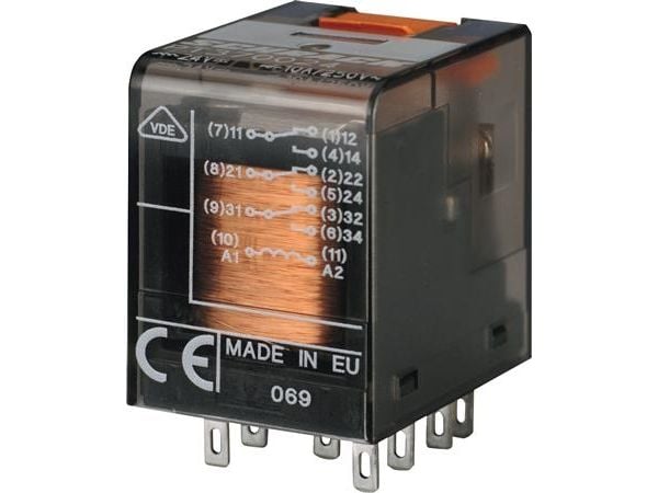 Pistorele Schrack PT, 4C/O, vaihtokoskettimet, 6A, kelan jännite 230VAC, LED, testipainike