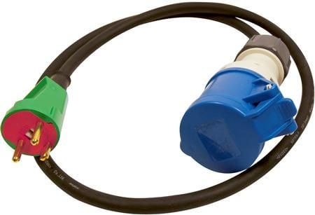 Övergångskabel 1,2 m H07RN-F 3G1,5 13A 230V, från DK-stickpropp till CEE blå