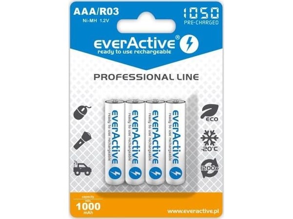 Everactive EVHRL03-1050, Oppladbart batteri, AAA, Nikkelmetallhydrid (NiMH), 1,2 V, 4 stykker, 1050 mAh
