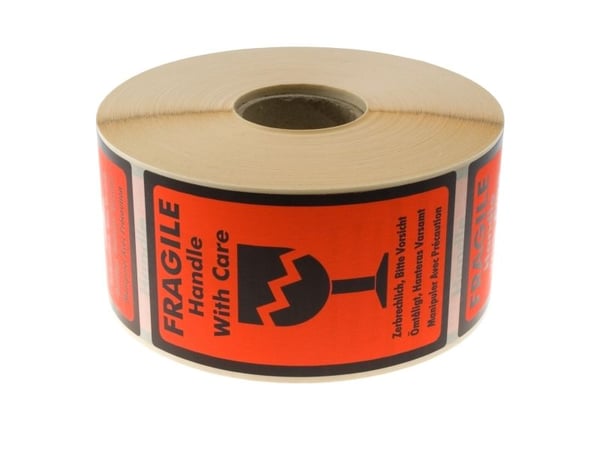 Etiketter, Etiket Adhesive Fragile, Handle with care 70x120mm hvid/rød, rulle a 1000 etiketter Etiketter, Etiket Adhesive Fragile, Handle with care 70x120mm hvid/rød, rulle a 1000 etiketter