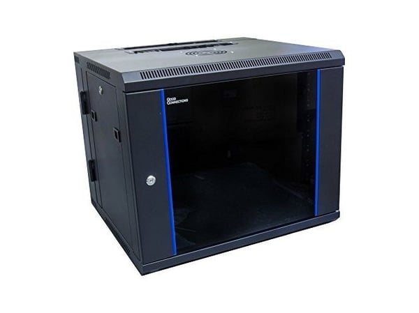 19" väggskåp, 9HE, tiefschwarz (RAL9005), svängbar baksida, 600 x 550 mm, färdigmonterat, med fläkt, Good Connections® (GC-R0013)