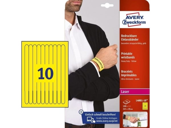 Navnearmbånd avery, 26,5 x 1,8 cm, gult, pakke med 100 armbånd
