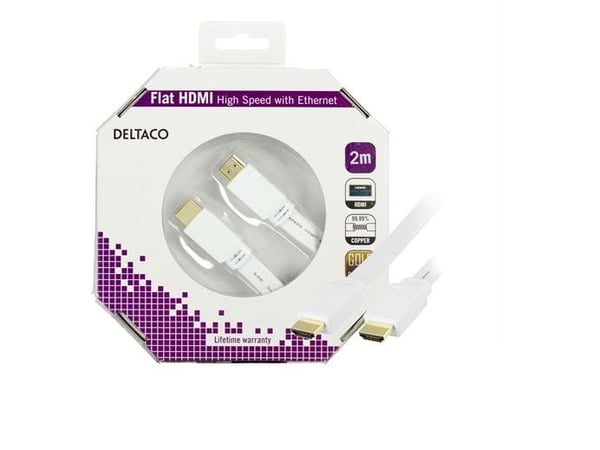 DELTACO HDMI-1020H-K - HDMI-kabel med Ethernet - HDMI hann til HDMI hann - 2 m - hvit - flat