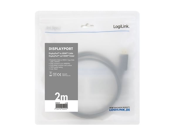 LogiLink CV0127, 2 m, DisplayPort, HDMI-tyyppi A (vakio), Uros, Uros, Suora