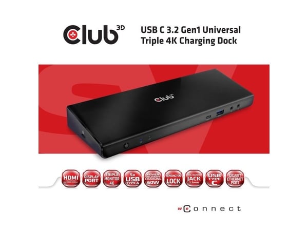 Club3D SenseVision Connect USB C 3.2 Gen1 Universal Trippel 4K ladedokkingstasjon - Dokkingstasjon - USB-C 3.2 - HDMI, DP - GigE