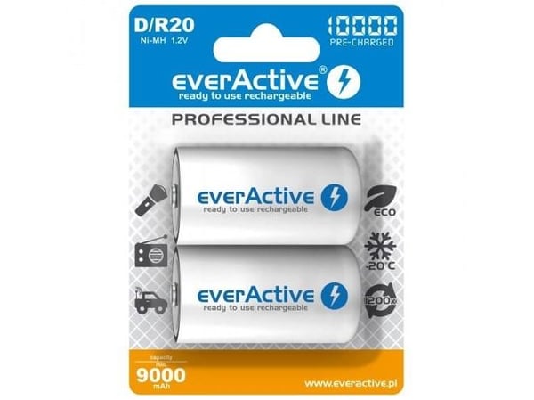 Everactive EVHRL20-10000, Oppladbart batteri, D, Nikkelmetallhydrid (NiMH), 1,2 V, 2 stykker, 10000 mAh