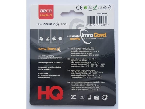 IMRO MICROSD10/32G UHS-3 ADP, 32 GB, MicroSDHC, Klasse 10, UHS-III, Class 3 (U3), Sort