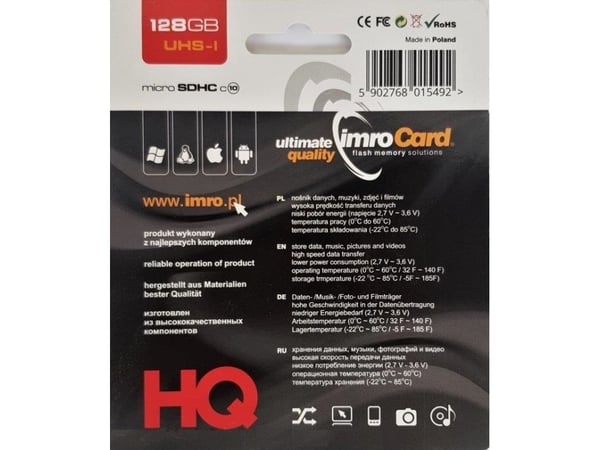 IMRO 10/128G UHS-I ADP, 128 GB, MicroSDHC, Klasse 10, UHS-I, Klasse 1 (U1), Sort