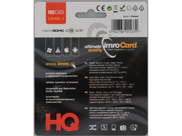 IMRO 10/16G UHS-I ADP, 16 GB, MicroSDHC, Luokka 10, UHS-I, 82 MB/s, 21 MB/s