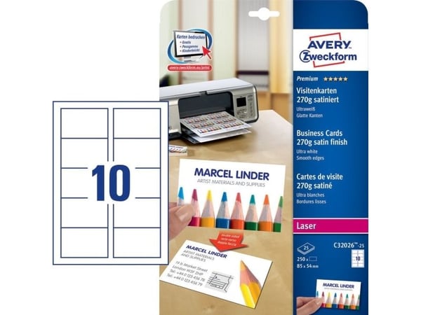 Avery Quick&Clean - Hvit - 54 x 85 mm - 270 g/m² - 250 kort (25 ark x 10) visittkort