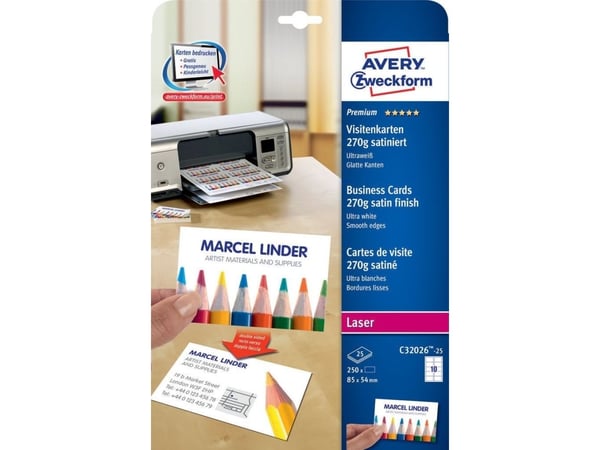 Avery Quick&Clean - Hvit - 54 x 85 mm - 270 g/m² - 250 kort (25 ark x 10) visittkort