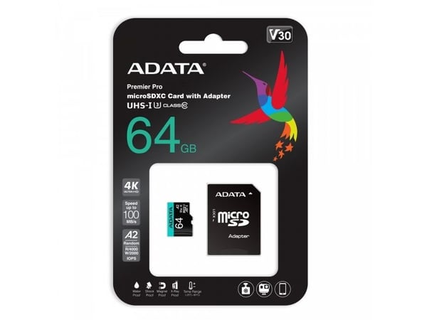 ADATA Premier Pro V30S - Flashminnekort (SD-adapter inkludert) - 64 GB - A2 / Video Class V30 / UHS-I U3 / Class10 - microSDXC UHS-I