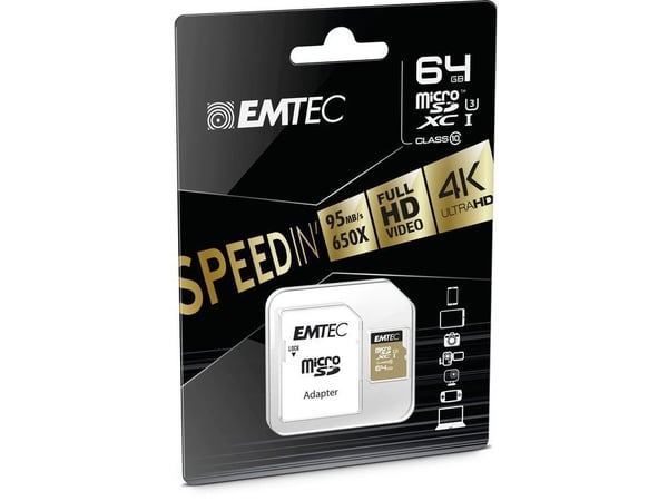 Emtec ECMSDM64GXC10SP, 64 GB, MicroSDXC, Luokka 10, 95 MB/s, 90 MB/s, Musta, Ruskea