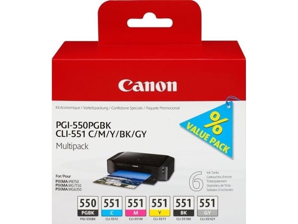 Canon PGI-550/CLI-551 PGBK/C/M/Y/BK/GY Multi Pack - 6-pack - grå, svart, gul, cyan, magenta - original - blekkbeholder - for PIXMA iP7250, iP8750, ...